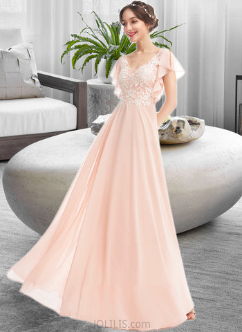 Eliana A-Line V-neck Floor-Length Bridesmaid Dress With Ruffle UKP0013025