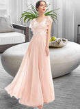 Eliana A-Line V-neck Floor-Length Bridesmaid Dress With Ruffle UKP0013025