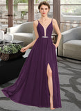 Kierra A-Line V-neck Floor-Length Chiffon Bridesmaid Dress With Beading Sequins Split Front Pockets UKP0013028