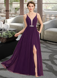 Kierra A-Line V-neck Floor-Length Chiffon Bridesmaid Dress With Beading Sequins Split Front Pockets UKP0013028