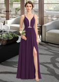 Kierra A-Line V-neck Floor-Length Chiffon Bridesmaid Dress With Beading Sequins Split Front Pockets UKP0013028