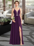 Kierra A-Line V-neck Floor-Length Chiffon Bridesmaid Dress With Beading Sequins Split Front Pockets UKP0013028