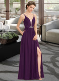 Kierra A-Line V-neck Floor-Length Chiffon Bridesmaid Dress With Beading Sequins Split Front Pockets UKP0013028