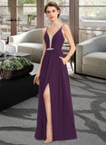 Kierra A-Line V-neck Floor-Length Chiffon Bridesmaid Dress With Beading Sequins Split Front Pockets UKP0013028