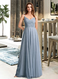 Azul A-Line V-neck Floor-Length Bridesmaid Dress With Lace UKP0013030