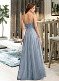 Azul A-Line V-neck Floor-Length Bridesmaid Dress With Lace UKP0013030