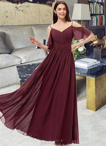 Bella A-line V-Neck Floor-Length Chiffon Bridesmaid Dress With Ruffle UKP0013031