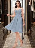 Keyla A-Line V-neck Knee-Length Chiffon Lace Bridesmaid Dress UKP0013032