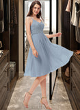 Keyla A-Line V-neck Knee-Length Chiffon Lace Bridesmaid Dress UKP0013032