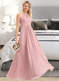 Lucia A-Line Scoop Neck Floor-Length Chiffon Bridesmaid Dress With Bow(s) Cascading Ruffles UKP0013033