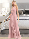 Lucia A-Line Scoop Neck Floor-Length Chiffon Bridesmaid Dress With Bow(s) Cascading Ruffles UKP0013033