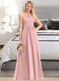 Lucia A-Line Scoop Neck Floor-Length Chiffon Bridesmaid Dress With Bow(s) Cascading Ruffles UKP0013033