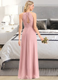 Lucia A-Line Scoop Neck Floor-Length Chiffon Bridesmaid Dress With Bow(s) Cascading Ruffles UKP0013033