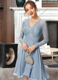 Shaylee A-line V-Neck Knee-Length Chiffon Lace Bridesmaid Dress UKP0013042