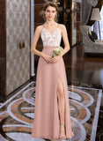 April A-Line V-neck Floor-Length Chiffon Lace Bridesmaid Dress With Split Front UKP0013045