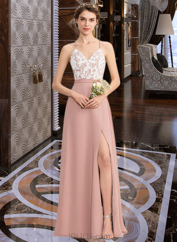 April A-Line V-neck Floor-Length Chiffon Lace Bridesmaid Dress With Split Front UKP0013045