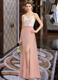 April A-Line V-neck Floor-Length Chiffon Lace Bridesmaid Dress With Split Front UKP0013045