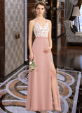 April A-Line V-neck Floor-Length Chiffon Lace Bridesmaid Dress With Split Front UKP0013045