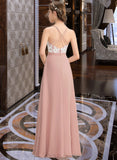 April A-Line V-neck Floor-Length Chiffon Lace Bridesmaid Dress With Split Front UKP0013045