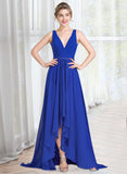 Kali A-Line V-neck Asymmetrical Chiffon Bridesmaid Dress With Ruffle Beading Sequins UKP0013047