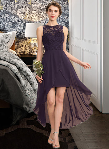 Caitlyn A-Line Scoop Neck Asymmetrical Chiffon Lace Bridesmaid Dress UKP0013052