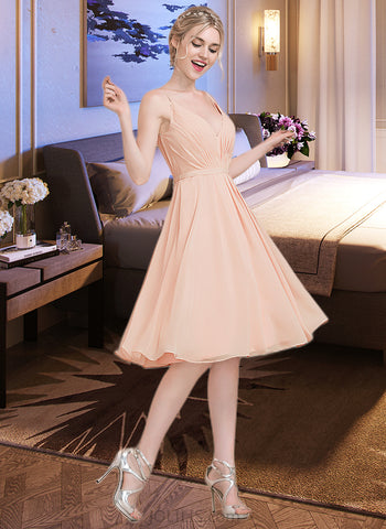 Rachel A-line V-Neck Knee-Length Chiffon Bridesmaid Dress With Ruffle UKP0013053