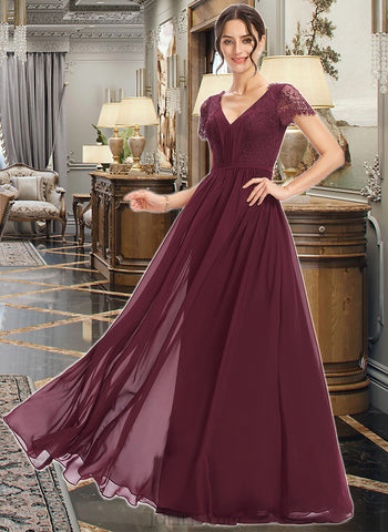 Jaelyn A-Line V-neck Floor-Length Bridesmaid Dress With Lace UKP0013056