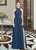 Ana A-Line Scoop Neck Floor-Length Chiffon Bridesmaid Dress With Ruffle Bow(s) Split Front UKP0013058