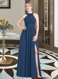 Ana A-Line Scoop Neck Floor-Length Chiffon Bridesmaid Dress With Ruffle Bow(s) Split Front UKP0013058