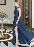 Ana A-Line Scoop Neck Floor-Length Chiffon Bridesmaid Dress With Ruffle Bow(s) Split Front UKP0013058