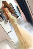 Elegant Mermaid Tulle Sleeveless Prom Dresses with Beading, Long Cheap Formal Dresses SJS15182