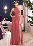 Maryjane A-Line High Neck Floor-Length Chiffon Lace Bridesmaid Dress With Ruffle Split Front UKP0013065