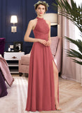 Maryjane A-Line High Neck Floor-Length Chiffon Lace Bridesmaid Dress With Ruffle Split Front UKP0013065