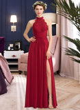 Maryjane A-Line High Neck Floor-Length Chiffon Lace Bridesmaid Dress With Ruffle Split Front UKP0013065