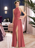 Maryjane A-Line High Neck Floor-Length Chiffon Lace Bridesmaid Dress With Ruffle Split Front UKP0013065