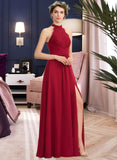 Maryjane A-Line High Neck Floor-Length Chiffon Lace Bridesmaid Dress With Ruffle Split Front UKP0013065