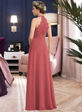 Maryjane A-Line High Neck Floor-Length Chiffon Lace Bridesmaid Dress With Ruffle Split Front UKP0013065