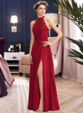 Maryjane A-Line High Neck Floor-Length Chiffon Lace Bridesmaid Dress With Ruffle Split Front UKP0013065