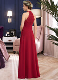 Maryjane A-Line High Neck Floor-Length Chiffon Lace Bridesmaid Dress With Ruffle Split Front UKP0013065