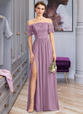 Madelyn A-Line Off-the-Shoulder Floor-Length Chiffon Lace Bridesmaid Dress With Split Front UKP0013066