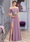 Madelyn A-Line Off-the-Shoulder Floor-Length Chiffon Lace Bridesmaid Dress With Split Front UKP0013066