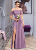 Madelyn A-Line Off-the-Shoulder Floor-Length Chiffon Lace Bridesmaid Dress With Split Front UKP0013066