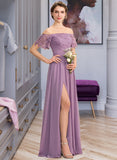 Madelyn A-Line Off-the-Shoulder Floor-Length Chiffon Lace Bridesmaid Dress With Split Front UKP0013066