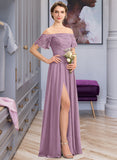 Madelyn A-Line Off-the-Shoulder Floor-Length Chiffon Lace Bridesmaid Dress With Split Front UKP0013066