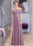 Madelyn A-Line Off-the-Shoulder Floor-Length Chiffon Lace Bridesmaid Dress With Split Front UKP0013066