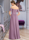 Madelyn A-Line Off-the-Shoulder Floor-Length Chiffon Lace Bridesmaid Dress With Split Front UKP0013066