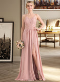 Amari A-Line Sweetheart Floor-Length Chiffon Lace Bridesmaid Dress With Split Front UKP0013068