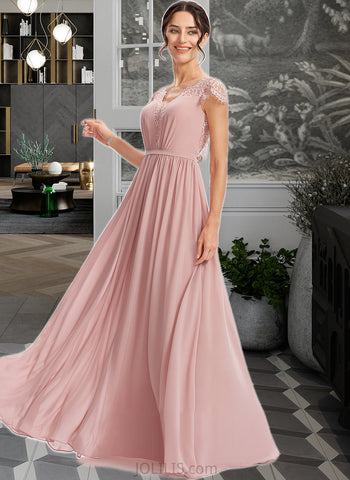 Kaitlyn A-Line V-neck Floor-Length Bridesmaid Dress With Lace UKP0013071