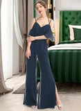 Donna Jumpsuit/Pantsuit V-neck Floor-Length Bridesmaid Dress With Ruffle UKP0013073