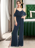 Donna Jumpsuit/Pantsuit V-neck Floor-Length Bridesmaid Dress With Ruffle UKP0013073